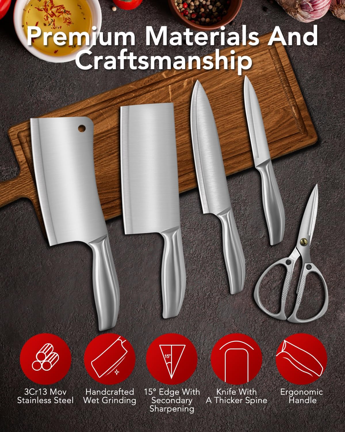 Stainless Knife Set, Kitchen Chef Knife Sets with Block | Professional Chef Knife Set, Kitchen Knives with Built-in Sharpener, Heavy-Duty for Meat Bone Vegetable and Fruit Cutting