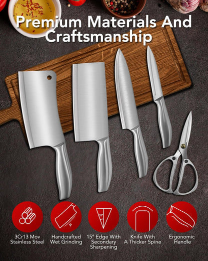 Stainless Knife Set, Kitchen Chef Knife Sets with Block | Professional Chef Knife Set, Kitchen Knives with Built-in Sharpener, Heavy-Duty for Meat Bone Vegetable and Fruit Cutting