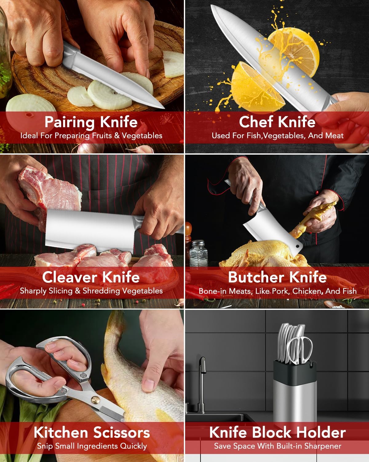 Stainless Knife Set, Kitchen Chef Knife Sets with Block | Professional Chef Knife Set, Kitchen Knives with Built-in Sharpener, Heavy-Duty for Meat Bone Vegetable and Fruit Cutting