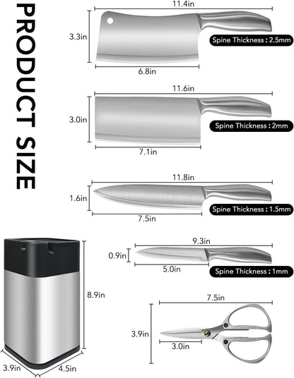 Stainless Knife Set, Kitchen Chef Knife Sets with Block | Professional Chef Knife Set, Kitchen Knives with Built-in Sharpener, Heavy-Duty for Meat Bone Vegetable and Fruit Cutting