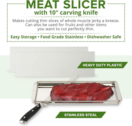 Advanced Beef Jerky Slicer Kit- 100% Precision Uniform Slices Guaranteed - Adjustable Thickness Dishwasher Safe Beef Jerky Cutting Board & 10" Meat Slicing Knife Deliver Gorgeous Jerky Maker Slices