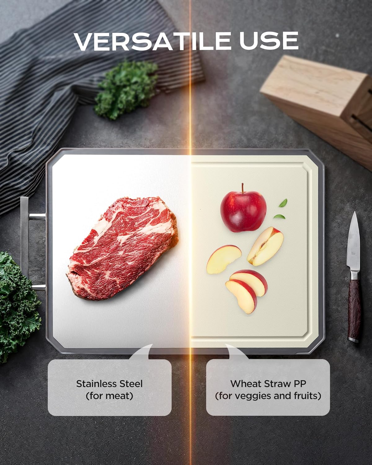 Stainless Steel Cutting Board,Non Toxic chopping for kitchen | Metal Cutting Board,Double Sided Stainless Steel/Wheat straw pp Large for meat,Dishwasher Safe [16*11Inch]