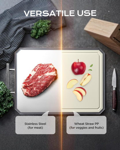 Stainless Steel Cutting Board,Non Toxic chopping for kitchen | Metal Cutting Board,Double Sided Stainless Steel/Wheat straw pp Large for meat,Dishwasher Safe [16*11Inch]