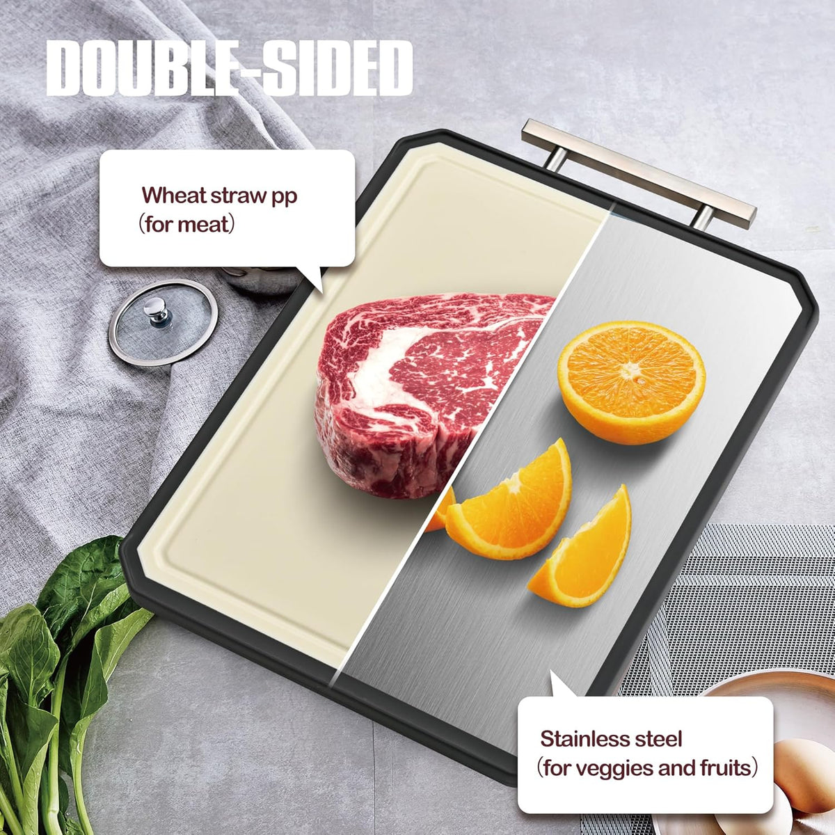 Stainless Steel Cutting Board,Non Toxic chopping for kitchen | Metal Cutting Board,Double Sided Stainless Steel/Wheat straw pp Large for meat,Dishwasher Safe [16*11Inch]