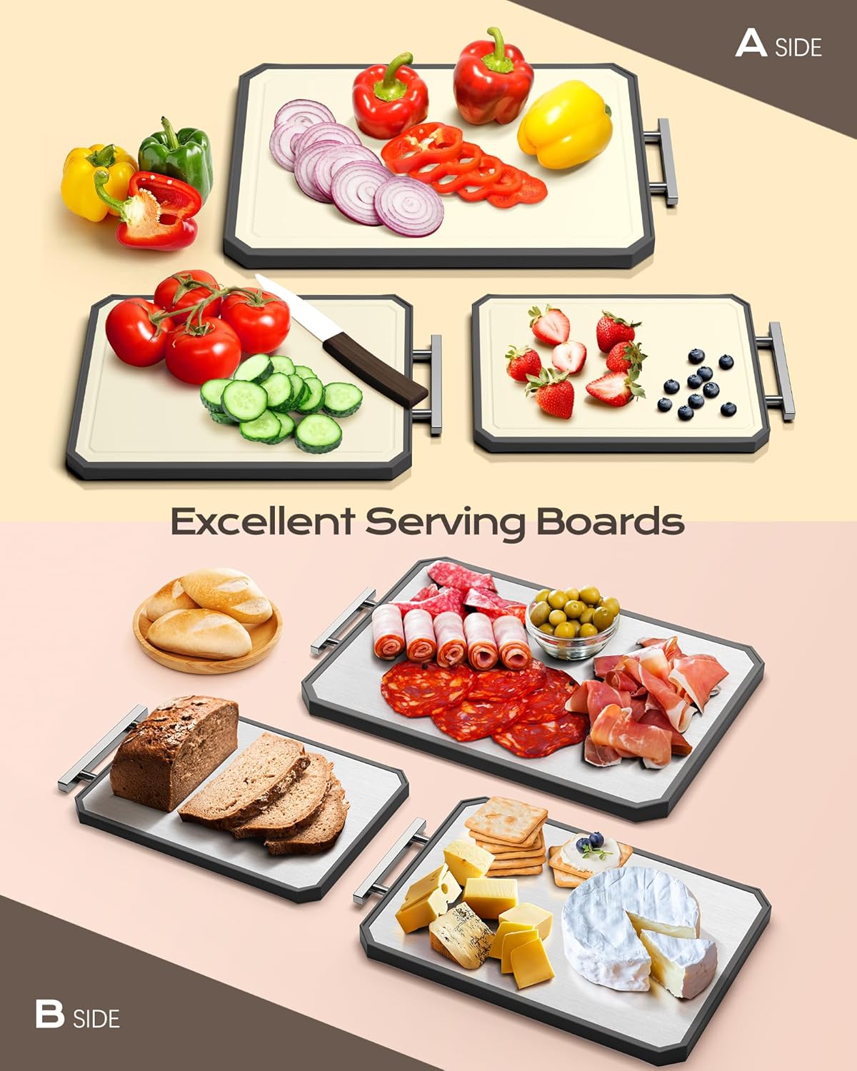 Stainless Steel Cutting Board,Non Toxic chopping for kitchen | Metal Cutting Board,Double Sided Stainless Steel/Wheat straw pp Large for meat,Dishwasher Safe [16*11Inch]