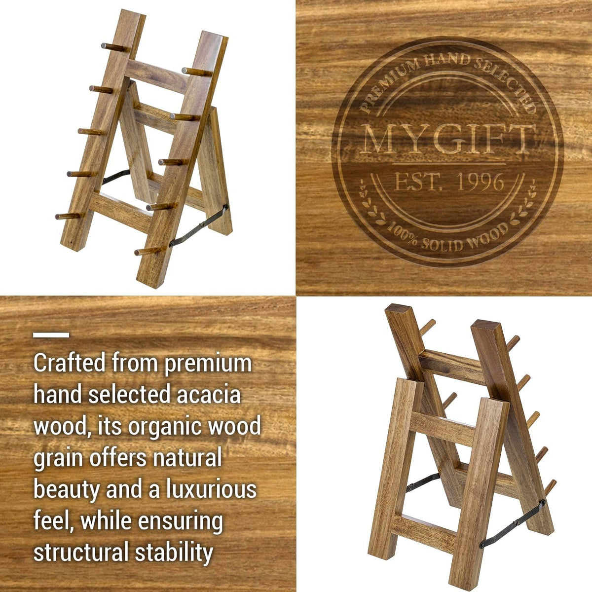 MyGift 5 Tier Premium Acacia Solid Wood Universal Kitchen Knife Holder, Foldable A-Frame Countertop Cutlery Display Stand, Chef Knives Storage Drying Rack
