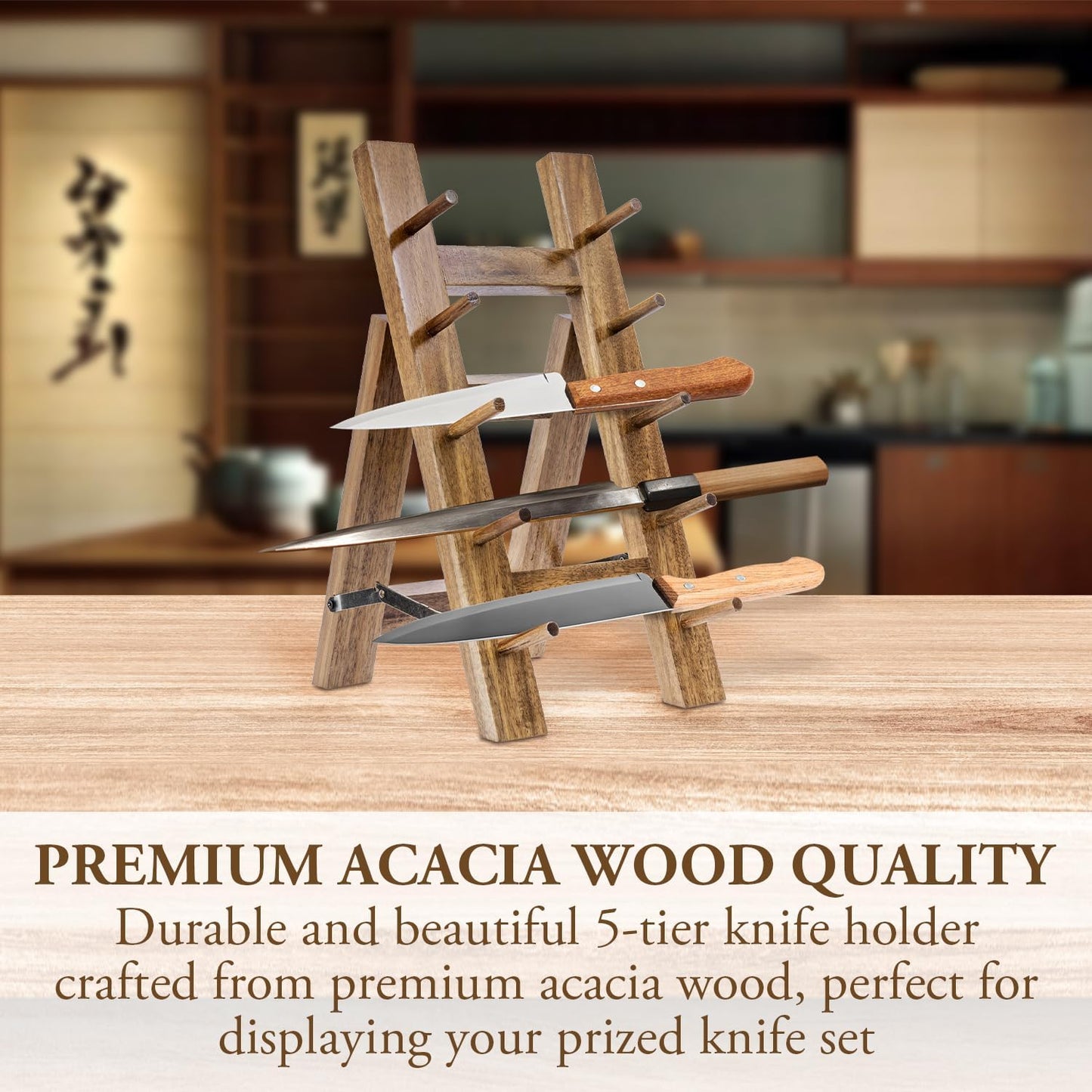 MyGift 5 Tier Premium Acacia Solid Wood Universal Kitchen Knife Holder, Foldable A-Frame Countertop Cutlery Display Stand, Chef Knives Storage Drying Rack