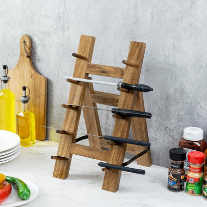 MyGift 5 Tier Premium Acacia Solid Wood Universal Kitchen Knife Holder, Foldable A-Frame Countertop Cutlery Display Stand, Chef Knives Storage Drying Rack