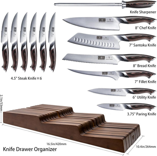 Kitchen Knife Set with Block, 14PCS Ultra Sharp Knife Block Set | Professional Japanese High Carbon Stainless Steel Chef Knives Set with Sharpener in Knife Drawer Organizer, Ergonomic Handle