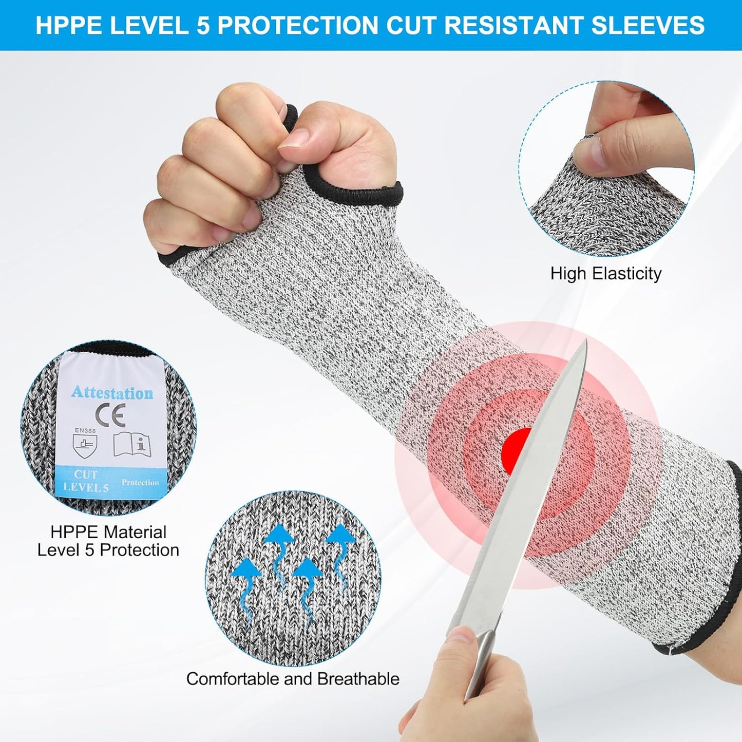 Cut Resistant Sleeve Arm Safety Protectors Sleeves with Thumb Hole Level 5 Protection Forearm Guard Sleeves