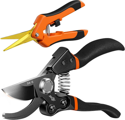 DECERK® Bypass Pruning Shears & Garden Snips for Cutting Stems & Branches | Sharp SK5 Steel Blades for Precise Cuts, Spring Assisted Scissors, Weak Hand Arthritis Garden Clippers, 2 Pack Garden Tools