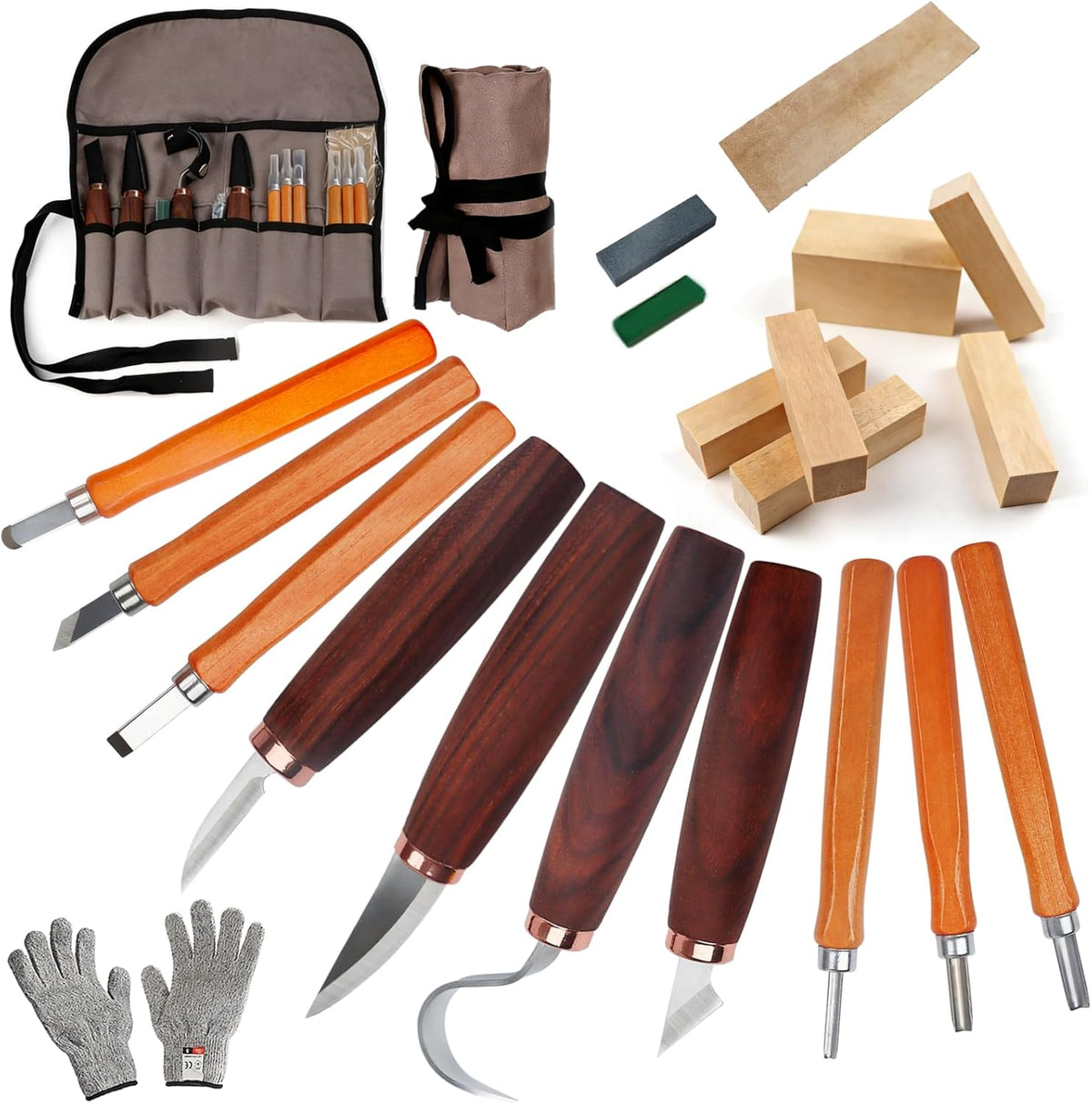 21-Piece Wood Carving Tools Kit - Complete Whittling Set with Detail Knives, Hook Knives, Sharpening Stone, Basswood Blocks & Cut Resistant Gloves for Beginner & Advanced Wood
