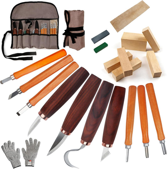 21-Piece Wood Carving Tools Kit - Complete Whittling Set with Detail Knives, Hook Knives, Sharpening Stone, Basswood Blocks & Cut Resistant Gloves for Beginner & Advanced Wood