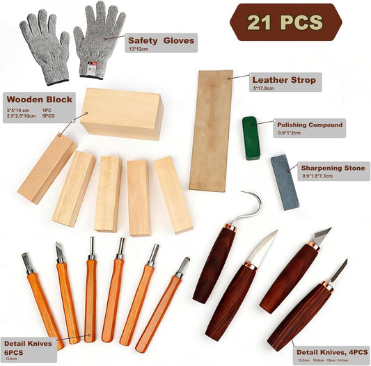 21-Piece Wood Carving Tools Kit - Complete Whittling Set with Detail Knives, Hook Knives, Sharpening Stone, Basswood Blocks & Cut Resistant Gloves for Beginner & Advanced Wood