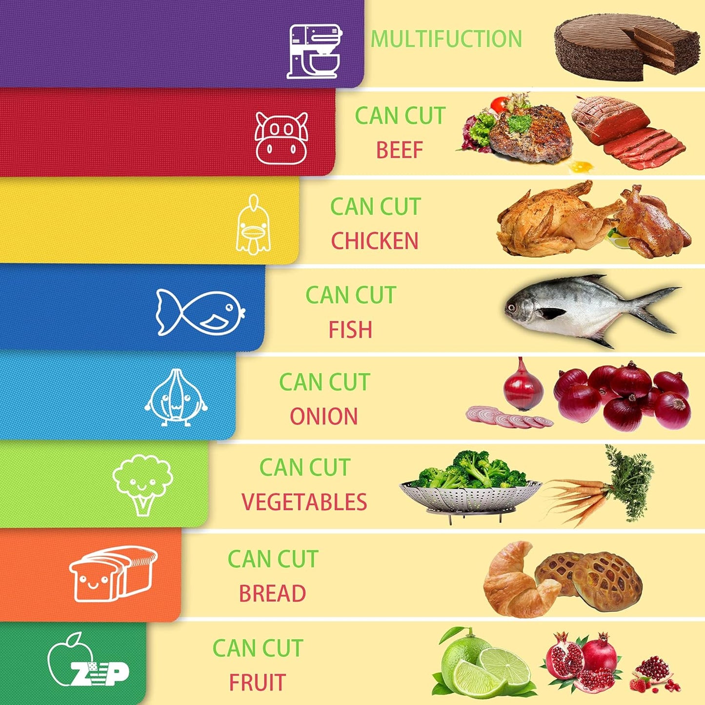 Plastic Cutting Boards for Kitchen, Flexible Cutting Mats, Colorful Chopping Boards with Food Icon, Non-Slip, Non Porous, BPA Free, Dishwasher Safe Rainbow