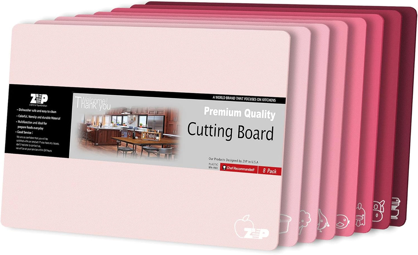 Plastic Cutting Boards for Kitchen, Flexible Cutting Mats, Colorful Chopping Boards with Food Icon, Non-Slip, Non Porous, BPA Free, Dishwasher Safe Rainbow