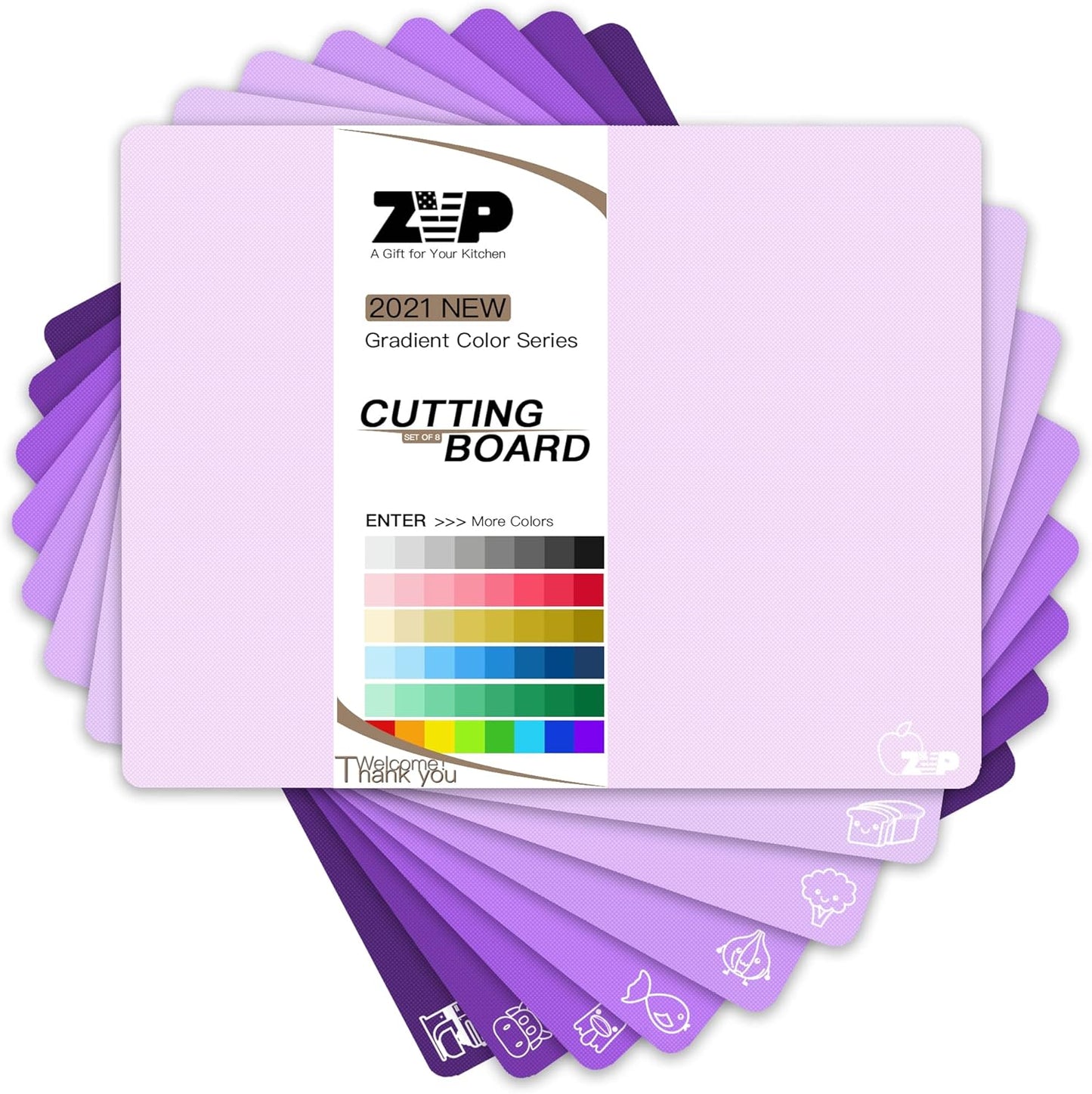 Plastic Cutting Boards for Kitchen, Flexible Cutting Mats, Colorful Chopping Boards with Food Icon, Non-Slip, Non Porous, BPA Free, Dishwasher Safe Rainbow