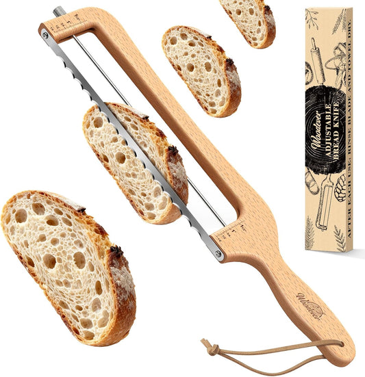 Adjustable Bread Knife for Home Use, Wooden Sourdough Bread Slicer for Homemade Bread with Bow Design, Premium Stainless Serrated Bread Cutter for Bagels and Baguettes-Natural