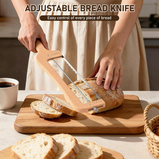 Adjustable Bread Knife for Home Use, Wooden Sourdough Bread Slicer for Homemade Bread with Bow Design, Premium Stainless Serrated Bread Cutter for Bagels and Baguettes-Natural