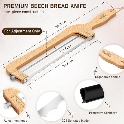 Adjustable Bread Knife for Home Use, Wooden Sourdough Bread Slicer for Homemade Bread with Bow Design, Premium Stainless Serrated Bread Cutter for Bagels and Baguettes-Natural