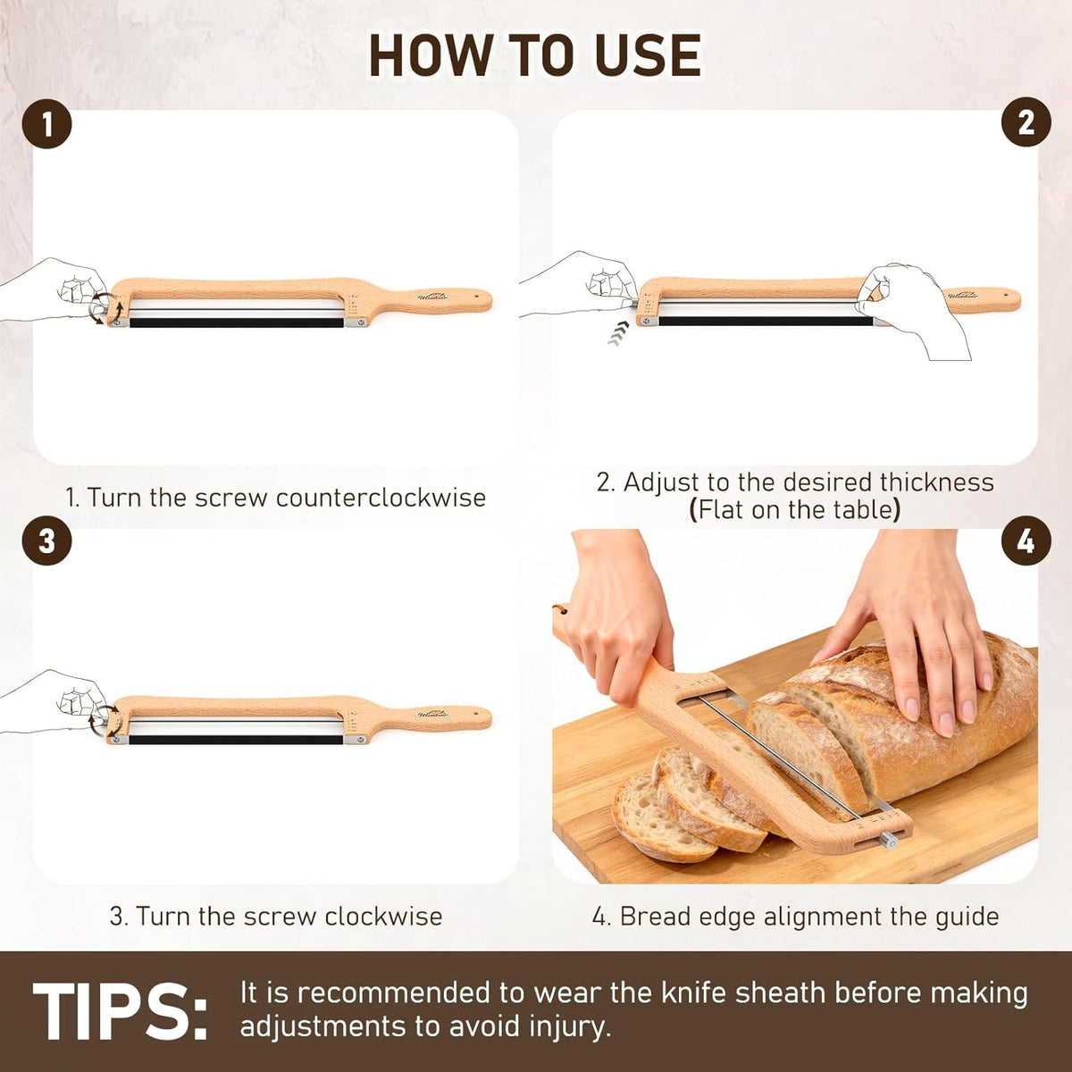 Adjustable Bread Knife for Home Use, Wooden Sourdough Bread Slicer for Homemade Bread with Bow Design, Premium Stainless Serrated Bread Cutter for Bagels and Baguettes-Natural