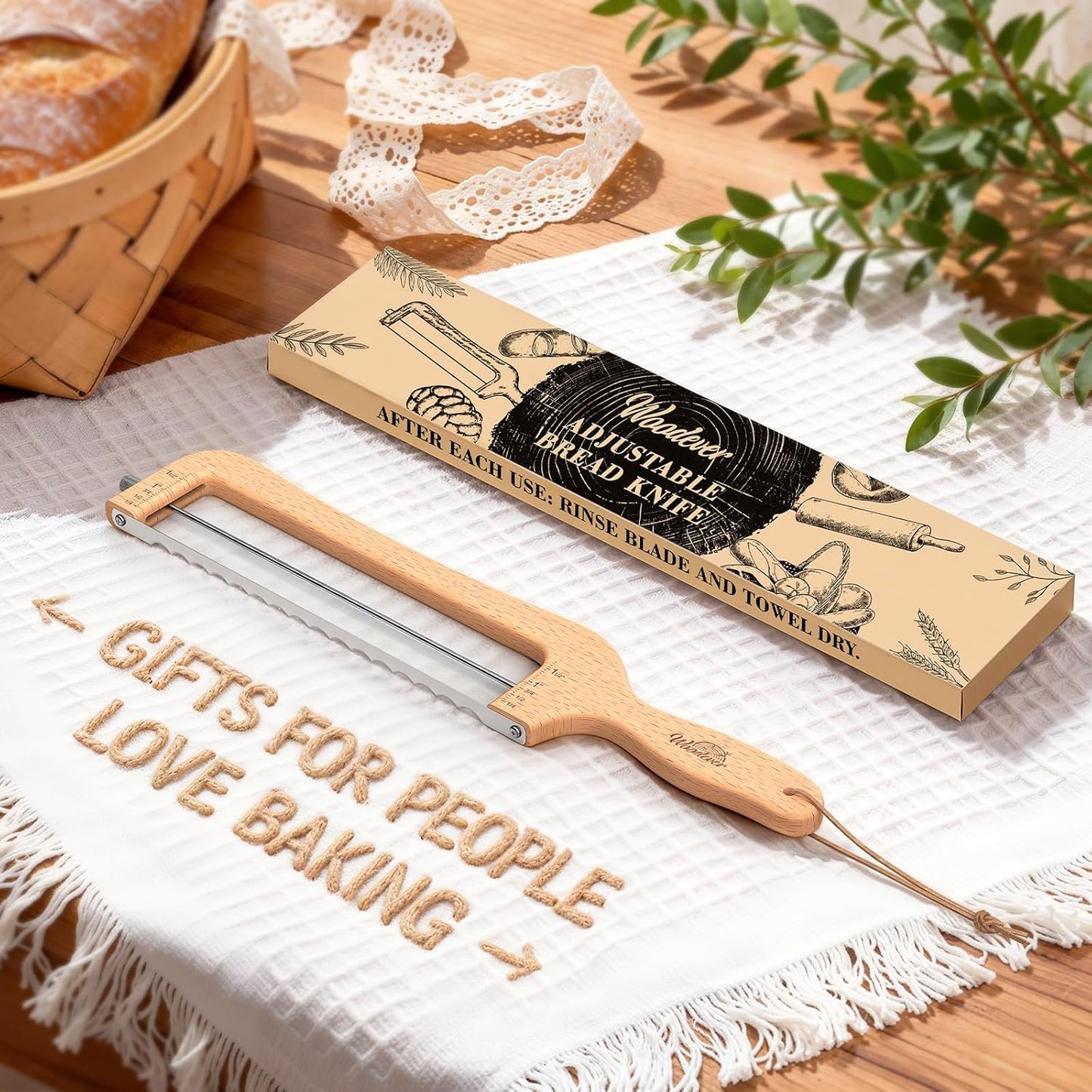 Adjustable Bread Knife for Home Use, Wooden Sourdough Bread Slicer for Homemade Bread with Bow Design, Premium Stainless Serrated Bread Cutter for Bagels and Baguettes-Natural