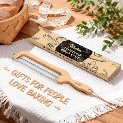 Adjustable Bread Knife for Home Use, Wooden Sourdough Bread Slicer for Homemade Bread with Bow Design, Premium Stainless Serrated Bread Cutter for Bagels and Baguettes-Natural