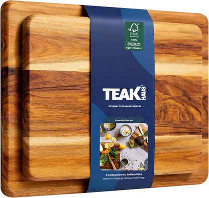 Teak Wood Cutting Board Set of 2 - Small and Large Teak Cutting Boards - Holiday Gift Ideas for Men and Women - Gift-Ready, Reversible, Edge Grain, Knife Friendly - FSC Certified