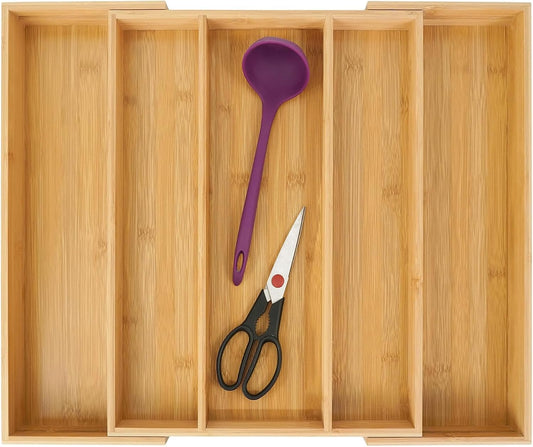 Bamboo Expandable Kitchen Drawer Organizer, Adjustable Utensil Holder and Cutlery Tray Organiser, Drawer Divider for Silverware, Flatware, Knives in Kitchen, Bedroom, Living Room, 5 Slot