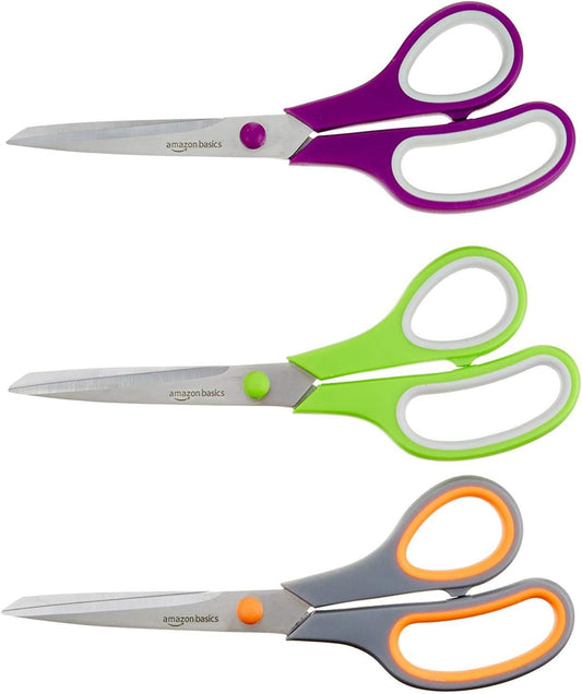Multipurpose Stainless Steel Scissors for Office, Crafts, Right/Left Handed, Comfort Grip, PVD Coated, 3-Pack, Multicolor
