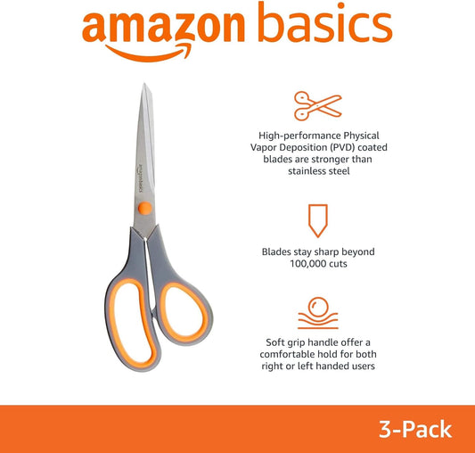 Multipurpose Stainless Steel Scissors for Office, Crafts, Right/Left Handed, Comfort Grip, PVD Coated, 3-Pack, Multicolor