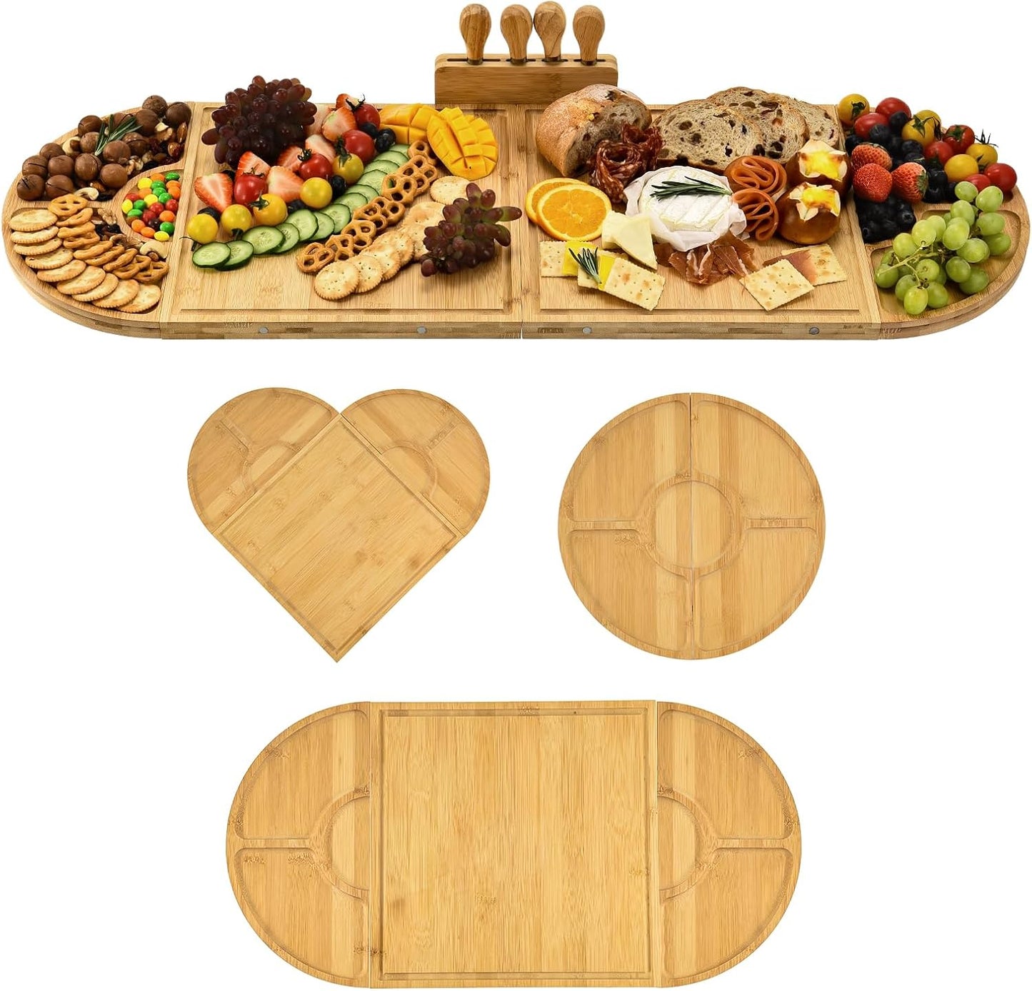 Bamboo Charcuterie Boards and Knife Set, 4 in 1 Long & Round Magnetic Extra Large Cheese Platter - Gifts for House Warming New Home, Bridal Shower, Wedding