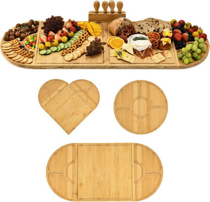 Bamboo Charcuterie Boards and Knife Set, 4 in 1 Long & Round Magnetic Extra Large Cheese Platter - Gifts for House Warming New Home, Bridal Shower, Wedding