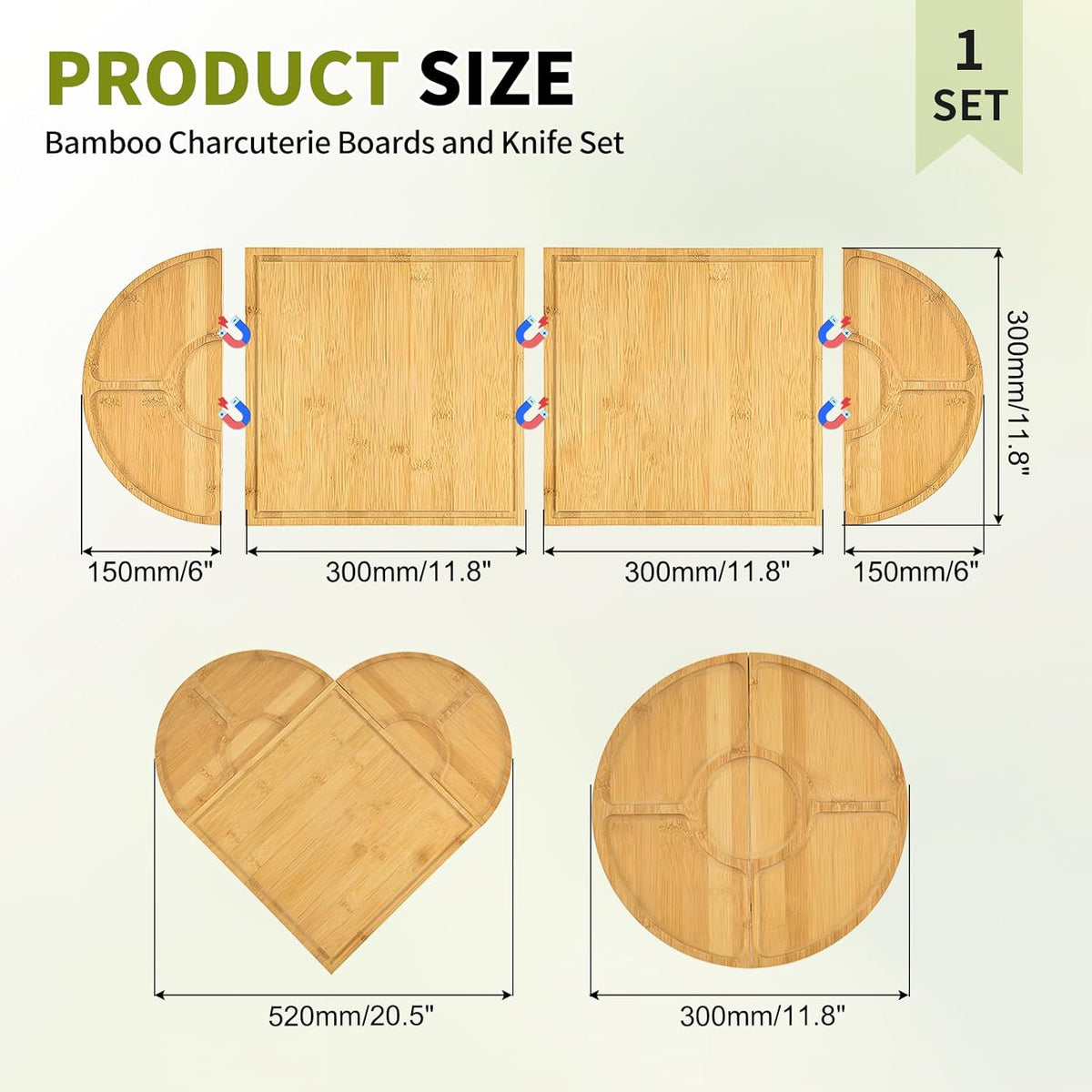 Bamboo Charcuterie Boards and Knife Set, 4 in 1 Long & Round Magnetic Extra Large Cheese Platter - Gifts for House Warming New Home, Bridal Shower, Wedding