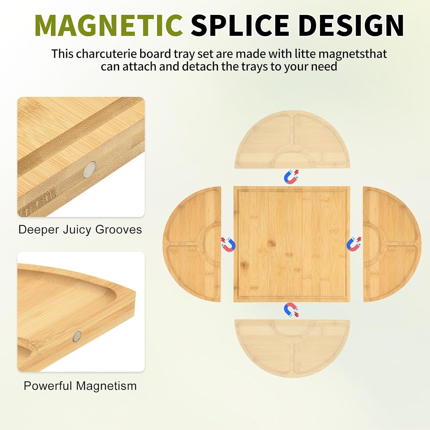 Bamboo Charcuterie Boards and Knife Set, 4 in 1 Long & Round Magnetic Extra Large Cheese Platter - Gifts for House Warming New Home, Bridal Shower, Wedding