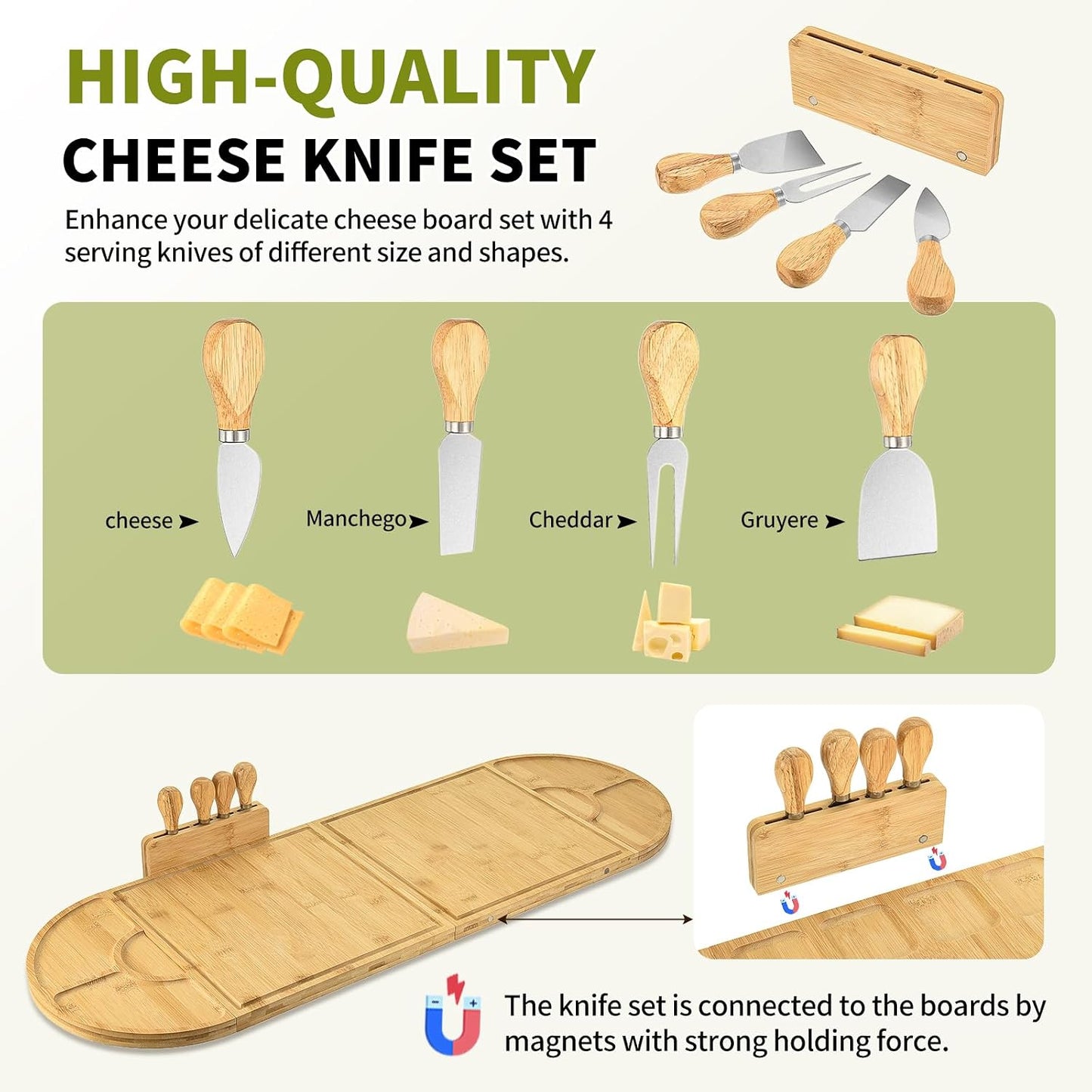 Bamboo Charcuterie Boards and Knife Set, 4 in 1 Long & Round Magnetic Extra Large Cheese Platter - Gifts for House Warming New Home, Bridal Shower, Wedding