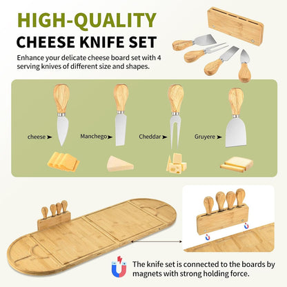 Bamboo Charcuterie Boards and Knife Set, 4 in 1 Long & Round Magnetic Extra Large Cheese Platter - Gifts for House Warming New Home, Bridal Shower, Wedding