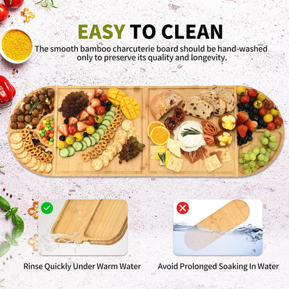 Bamboo Charcuterie Boards and Knife Set, 4 in 1 Long & Round Magnetic Extra Large Cheese Platter - Gifts for House Warming New Home, Bridal Shower, Wedding