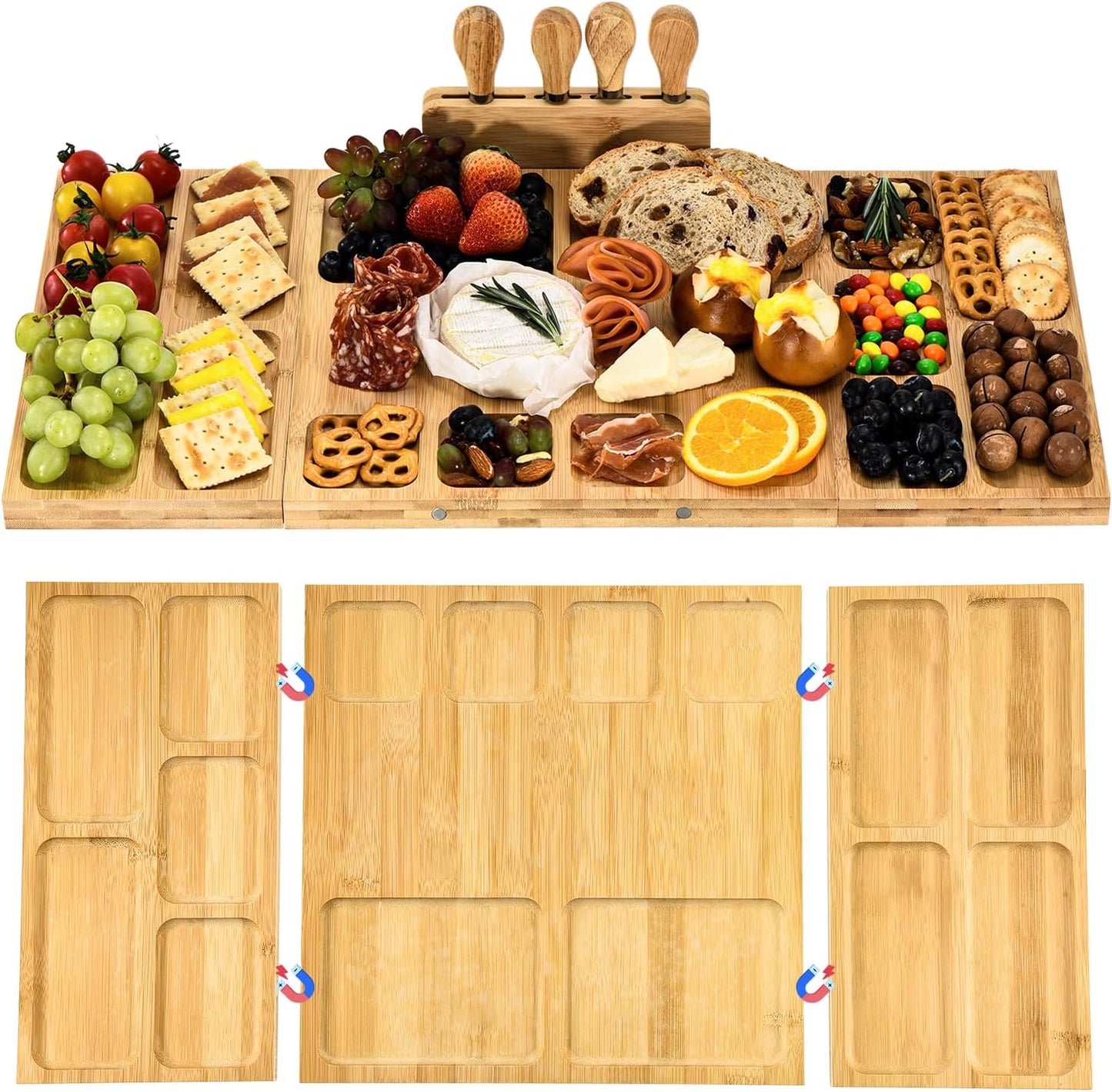 Bamboo Charcuterie Boards and Knife Set, 4 in 1 Long & Round Magnetic Extra Large Cheese Platter - Gifts for House Warming New Home, Bridal Shower, Wedding