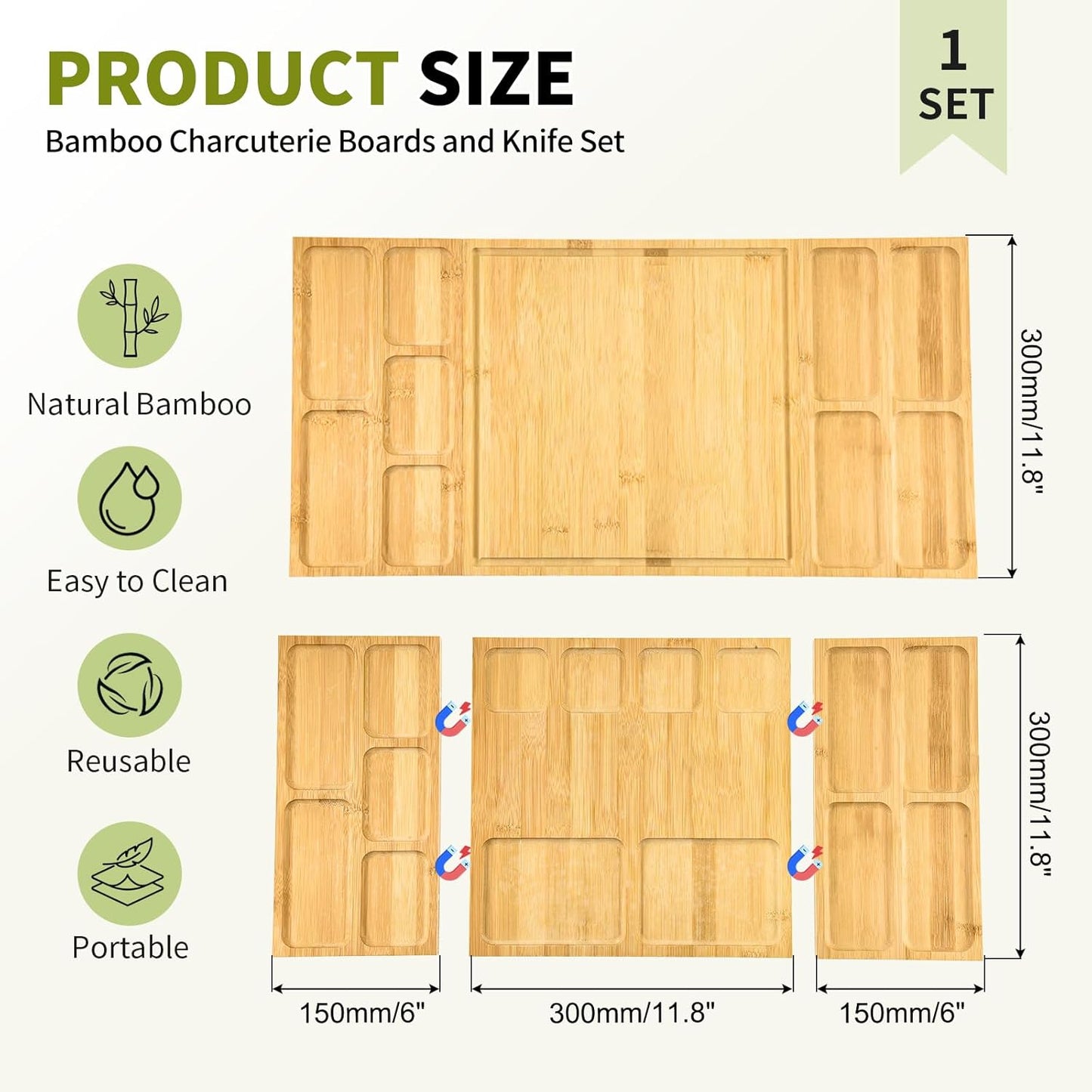 Bamboo Charcuterie Boards and Knife Set, 4 in 1 Long & Round Magnetic Extra Large Cheese Platter - Gifts for House Warming New Home, Bridal Shower, Wedding