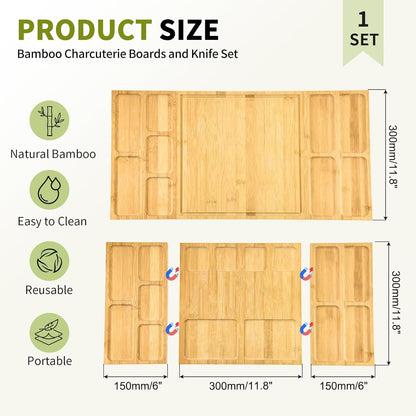 Bamboo Charcuterie Boards and Knife Set, 4 in 1 Long & Round Magnetic Extra Large Cheese Platter - Gifts for House Warming New Home, Bridal Shower, Wedding