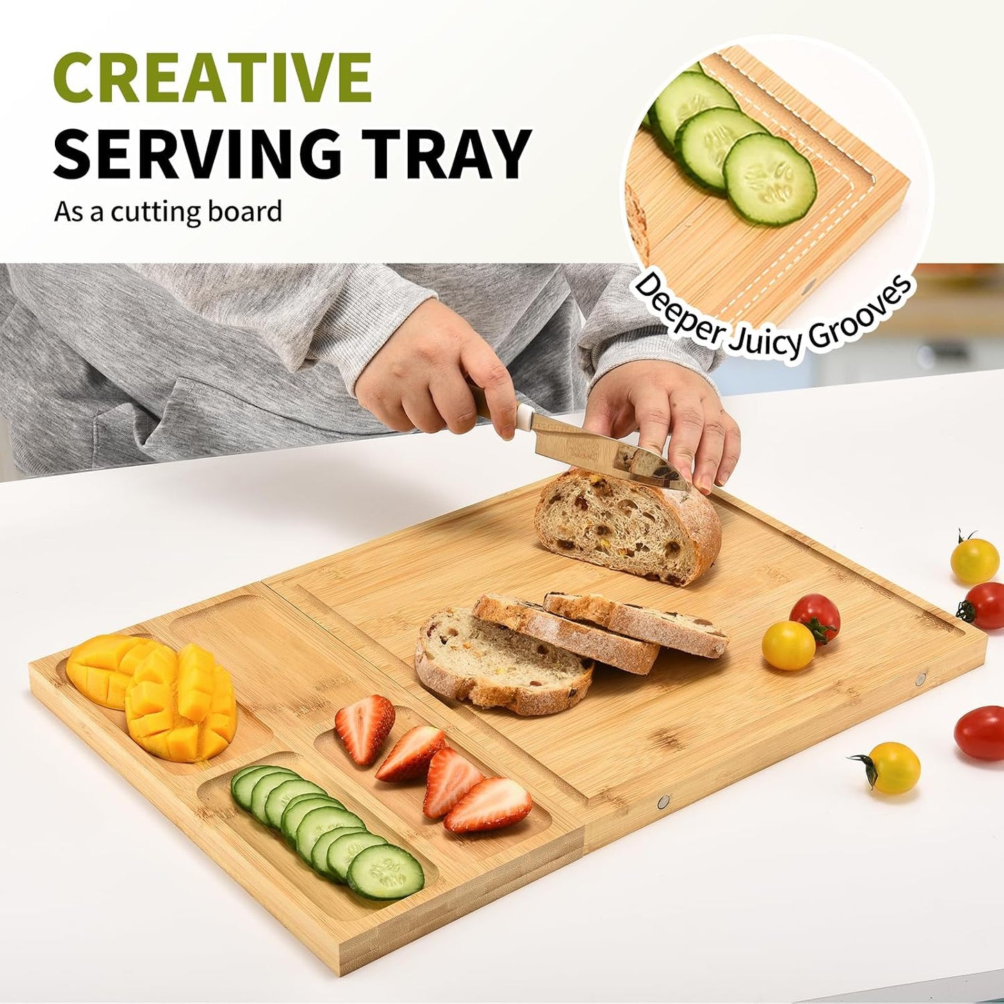 Bamboo Charcuterie Boards and Knife Set, 4 in 1 Long & Round Magnetic Extra Large Cheese Platter - Gifts for House Warming New Home, Bridal Shower, Wedding