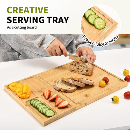 Bamboo Charcuterie Boards and Knife Set, 4 in 1 Long & Round Magnetic Extra Large Cheese Platter - Gifts for House Warming New Home, Bridal Shower, Wedding