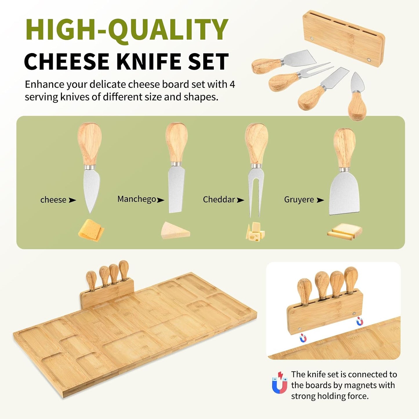 Bamboo Charcuterie Boards and Knife Set, 4 in 1 Long & Round Magnetic Extra Large Cheese Platter - Gifts for House Warming New Home, Bridal Shower, Wedding