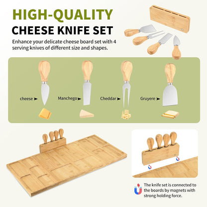 Bamboo Charcuterie Boards and Knife Set, 4 in 1 Long & Round Magnetic Extra Large Cheese Platter - Gifts for House Warming New Home, Bridal Shower, Wedding