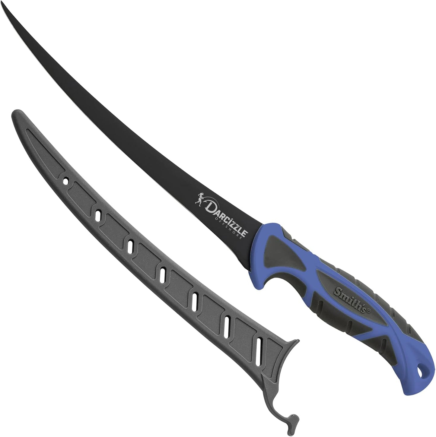 Smith's DARCIZZLE Curved Flex Fillet Knife - 400 Series Stainless Steel Blade - Non-Slip Soft Grip Handle - Sheath - Curved Blade - Deboning & Game Processing - Fishing
