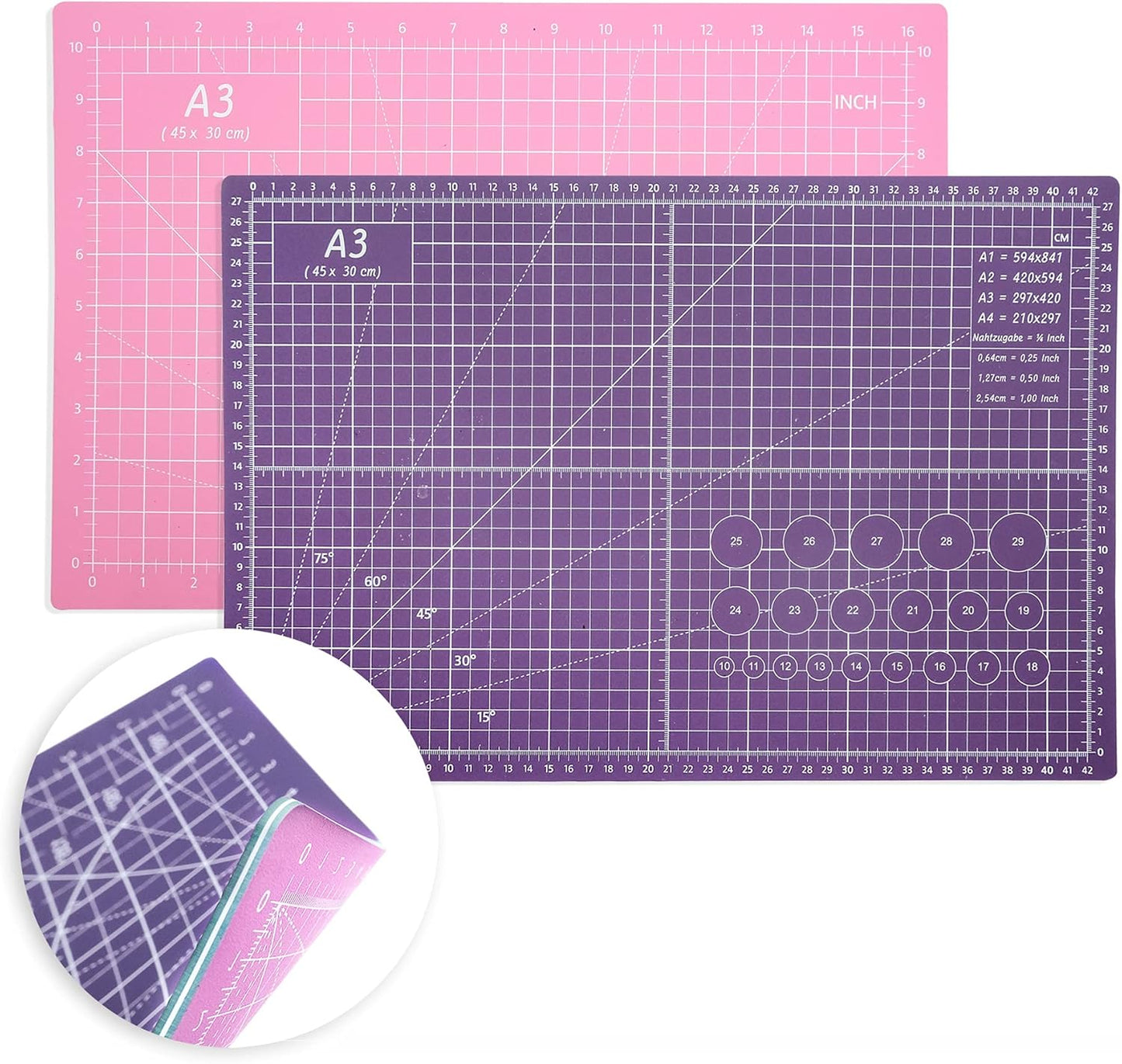 Self Healing Cutting Mat 18 inchx12 inch Non-Slip PVC Double Sided 5-Ply A3 Art Craft Rotating Mat,Sewing Crafts Hobby Fabric Precision Scrapbooking Project(Pink/Purple)
