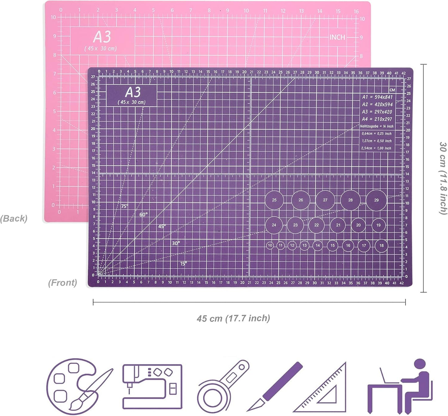 Self Healing Cutting Mat 18 inchx12 inch Non-Slip PVC Double Sided 5-Ply A3 Art Craft Rotating Mat,Sewing Crafts Hobby Fabric Precision Scrapbooking Project(Pink/Purple)