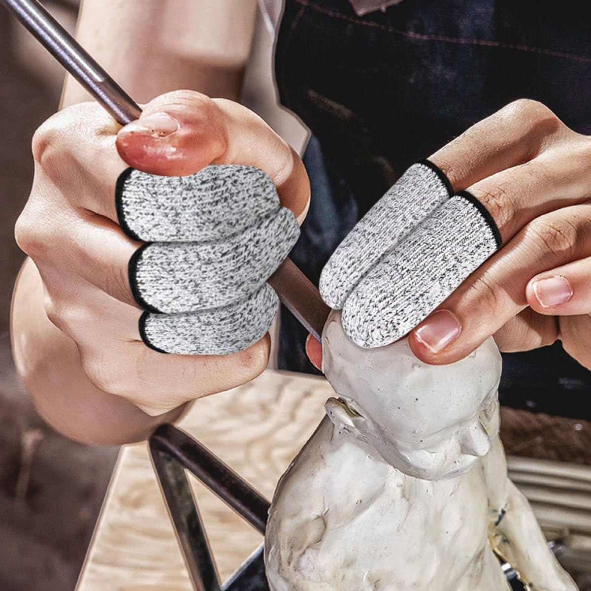 Cut Resistant Finger Sleeve Protectors 3 Pairs Thumb Finger Cots with High Abrasion Resistance, Reusable Fingertip Covers for Kitchen Work and Sculpture Tasks, Gray