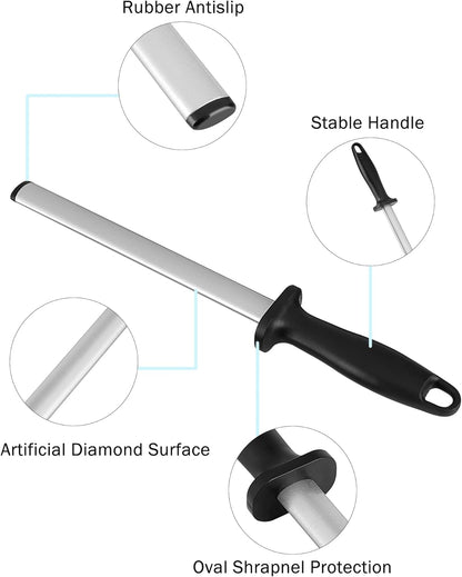 Knife Sharpener Rod, 8 Inch Diamond Sharpening Steel, Kitchen Honing Rod Knife Sharpening Tool for Home Kitchens and Restaurants
